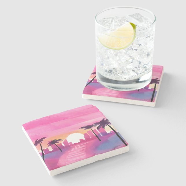 Miami i rosa | Ljus akvarellmålning Stenunderlägg (Sidan)