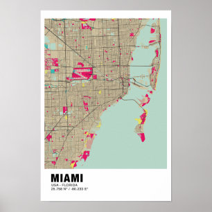 Miami Karta Poster - Miami Colorful Karta