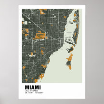 Miami Karta Poster - Miami Grönt & Guld Karta