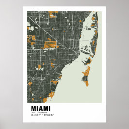 Miami Karta Poster - Miami Grönt & Guld Karta