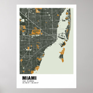 Miami Karta Poster - Miami Grönt & Guld Karta