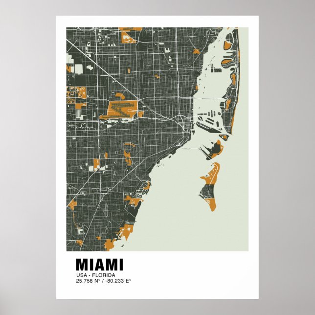 Miami Karta Poster - Miami Grönt & Guld Karta (Framsidan)