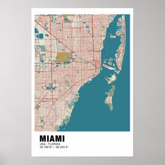 Miami Karta Poster - Miami Vintage Karta