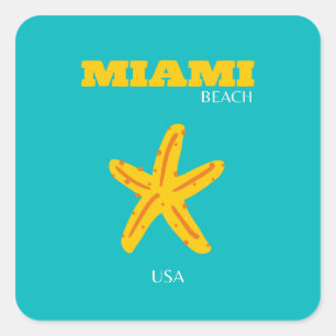 Miami, Miami Beach, Preppy Room, Travel Art, Retro Fyrkantigt Klistermärke
