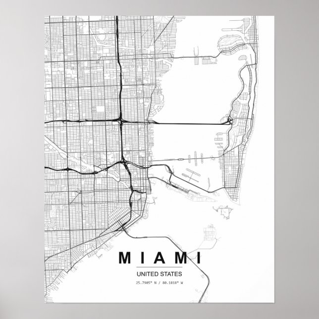 Miami Minimalistisk Karta (Svart & Vitt) Poster (Framsidan)