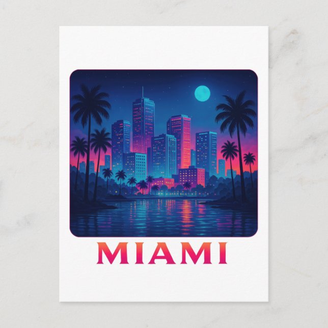 Miami Moonrise - Neon Skyline Vykort (Framsida)