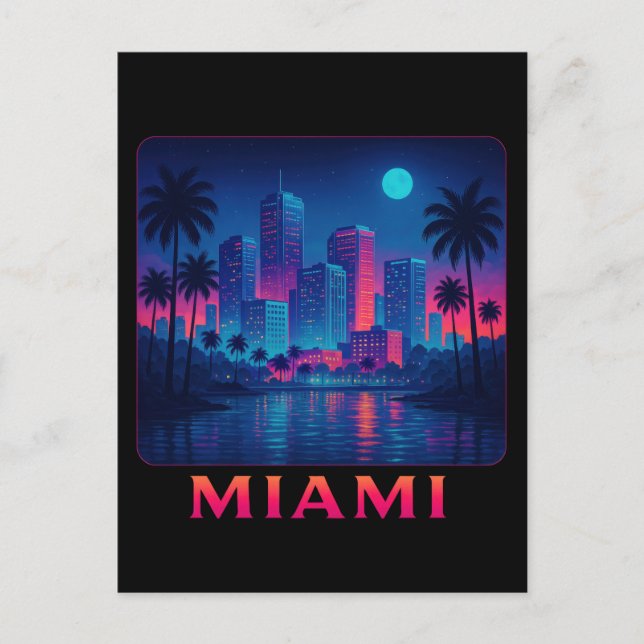 Miami Moonrise - Neon Skyline Vykort (Framsida)