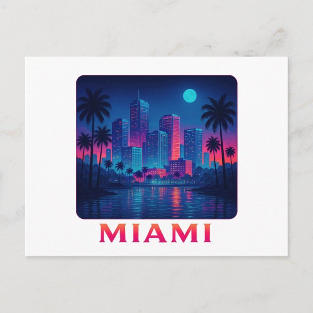 Miami Moonrise - Neon Skyline Vykort (Framsida)