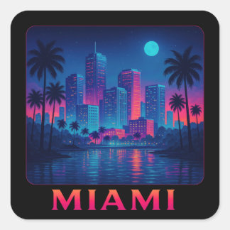 Miami Moonrise - Neonljus Fyrkantigt Klistermärke