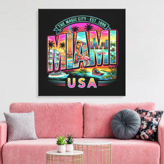 Miami Neon Retro Vintage Beach Art Deco USA Style Canvastryck