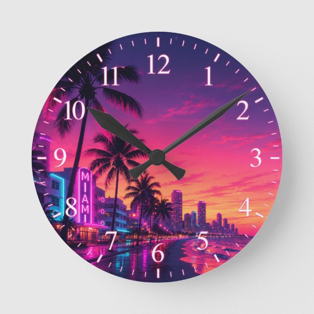Miami Neon Solnedgångsurans Urskiva Rund Klocka (Framsida)