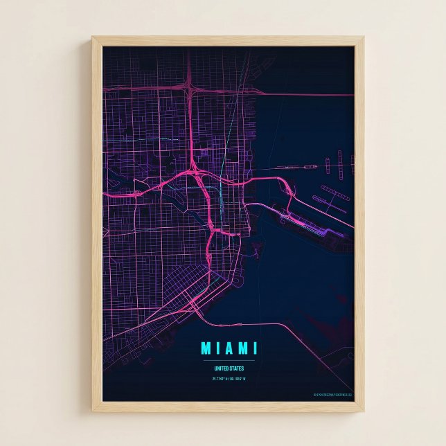 Miami Neontryck Florida Stadskarta Väggkonst Affis (Skapare uppladdad)