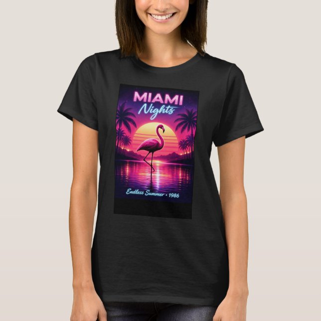 Miami Nights Flamingo Retro Neon Konsttryck T Shirt (Framsida)