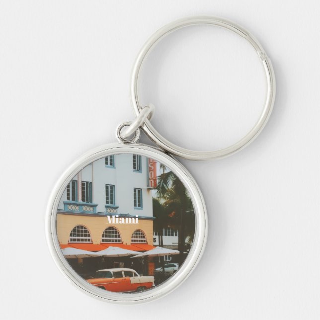 Miami Ocean Drive  Resa souvenir Rund Silverfärgad Nyckelring (Framsidan)