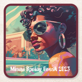 Miami Påsklov Black Woman i Bassäng Painting Underlägg Papper Kvadrat