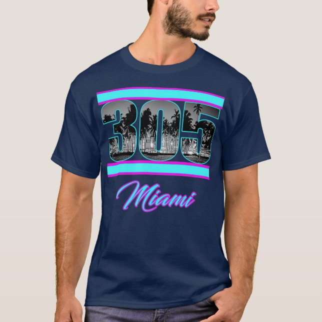 Miami Retro 305 South Beach View 80s Pink  Blue T Shirt (Framsida)