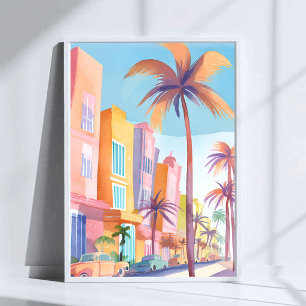 Miami Road Färgrik gata Vattenfärg Poster