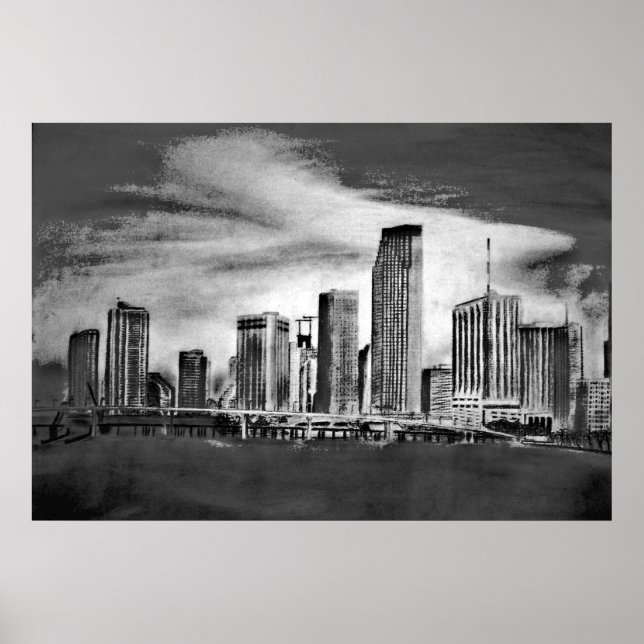 Miami Skyline Charcol Poster (Framsidan)