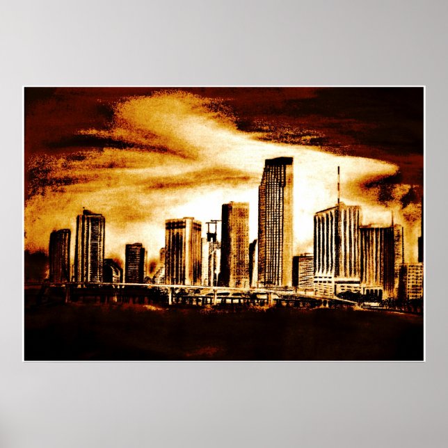 Miami Skyline Charcol Poster (Framsidan)
