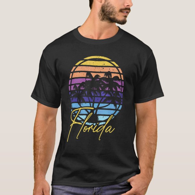 Miami Skyline Florida Handflatan träd Beach Sunset T Shirt (Framsida)