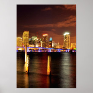 Miami skyline på natten, Florida Poster