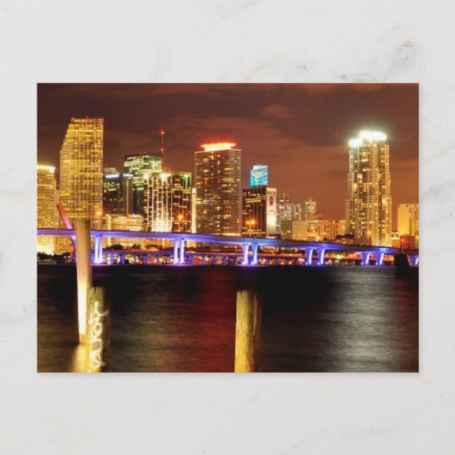 Miami skyline på natten, Florida Vykort (Framsida)