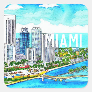 Miami Skyline Tropical Postcard Fyrkantigt Klistermärke