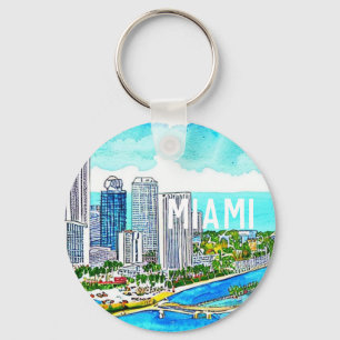 Miami Skyline Tropical Postcard Nyckelring