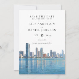 Miami Skyline Watercolor Destination Bröllop Spara Datumet