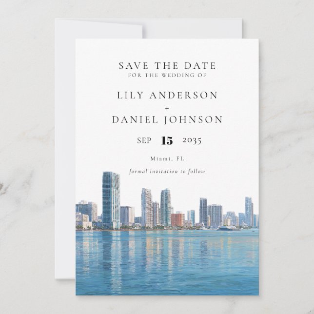 Miami Skyline Watercolor Destination Wedding Spara Datumet (Framsida)