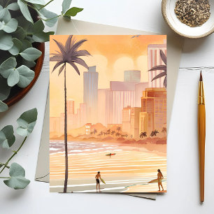 Miami Sunrise Gul akvarell Skyline-målning Vykort