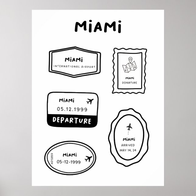 Miami - Travel Frimärke Collection | Minimalistisk Poster (Framsidan)