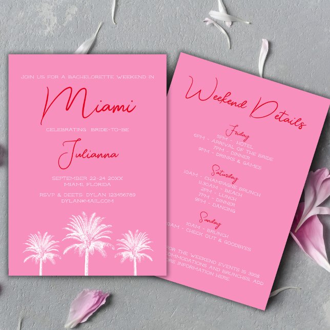 Miami Tropical Handflatan Bachelorette Helg Inbjudningar (Miami Tropical Palms Bachelorette Weekend Invitation bold pink and red)