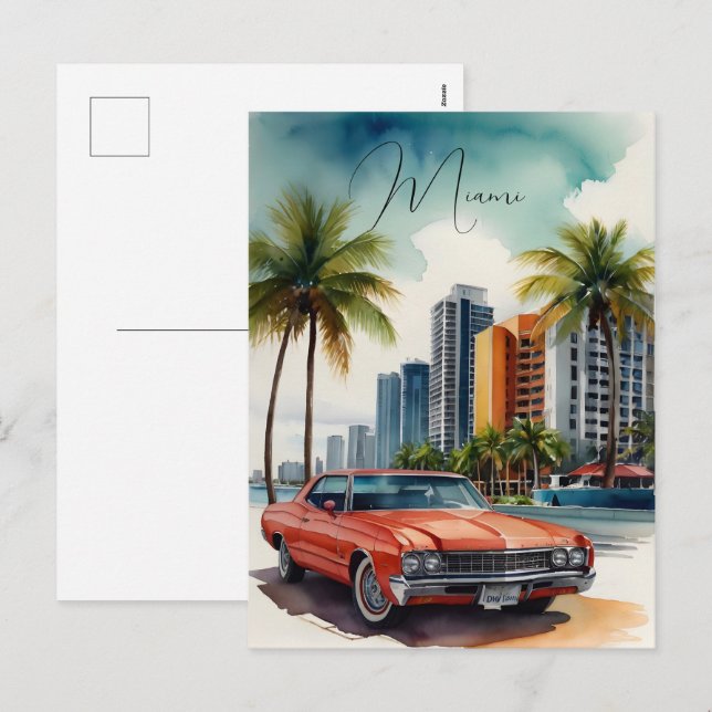 Miami vattenfärgart helg vykort (Fram/baksida)