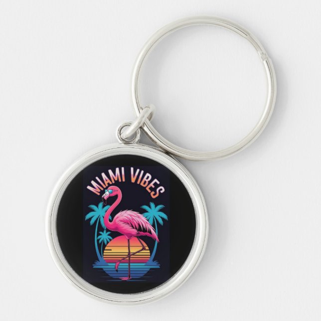 Miami Vibes Sommar Flamingo Design-63454 Rund Silverfärgad Nyckelring (Framsidan)