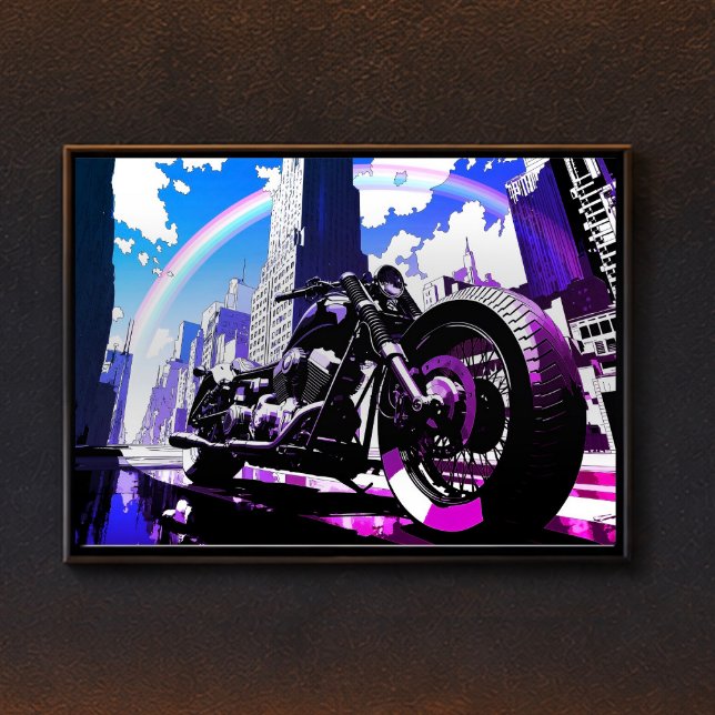 Miami Vice Synthwave Motorcycle Neon Rainbow Art Poster (This image shows the product with a frame attached; the frame is not included.)
