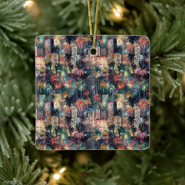 Miami vid jul och nyår i vattenfärger julgransprydnad keramik (Träd)