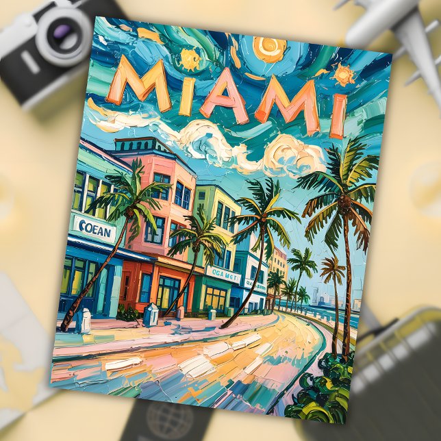 Miamis Ocean Drive Art in Van Gogh's Stil Travel Vykort (Van Gogh Style Miami painting)