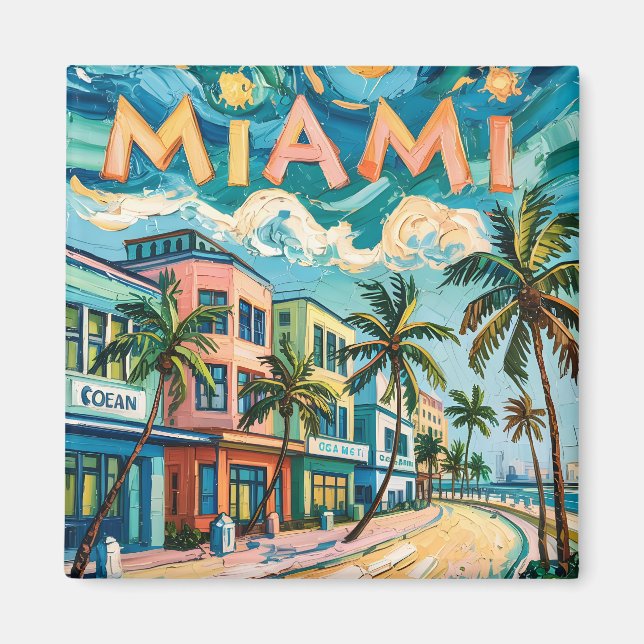 Miamis Ocean Drive Travel Art i Van Goghs Stil Magnet (Framsidan)