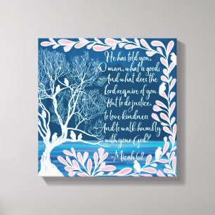 Micah 6:8 Teal Blue White Träd Birds Bible Verse Canvastryck