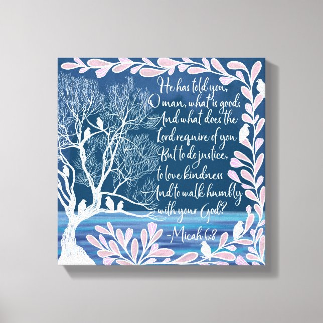 Micah 6:8 Teal Blue White Träd Birds Bible Verse Canvastryck (Framsida)