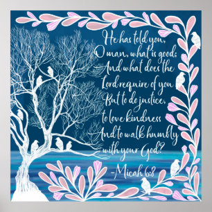 Micah 6:8 Teal Blue White Träd Birds Bible Verse Poster