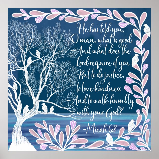 Micah 6:8 Teal Blue White Träd Birds Bible Verse Poster (Framsidan)