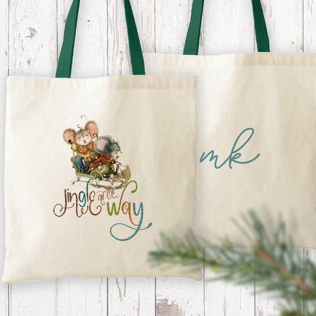 Mice Sleigh Initialer Jingle hela vägen Glitter Tygkasse (Front and back view - personalise initials on the back)
