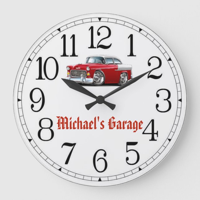 Michael's Garage Red & White Classic Car Clock Stor Klocka (Framsida)