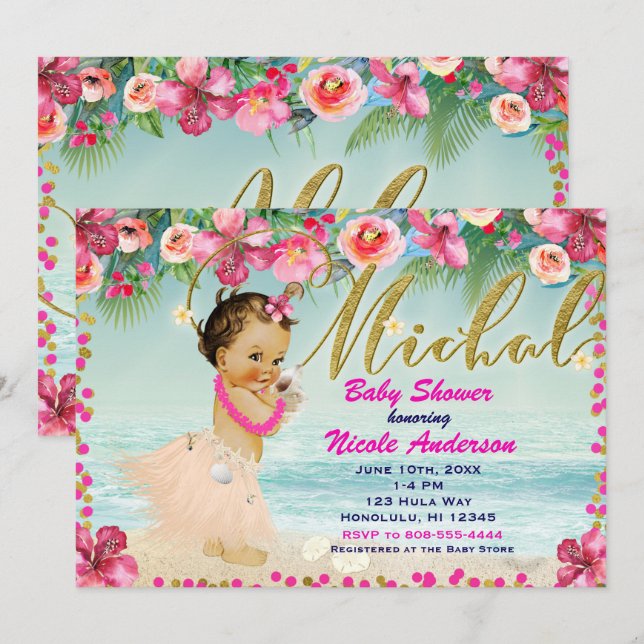 MICHAL Aloha Baby Shower Hawaiiansk Retro Strand  Inbjudningar (Fram/baksida)