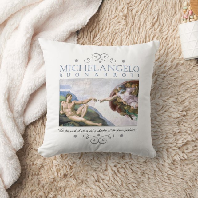 Michelangelo Creation of Man Painting with Quote Kudde (Filt)