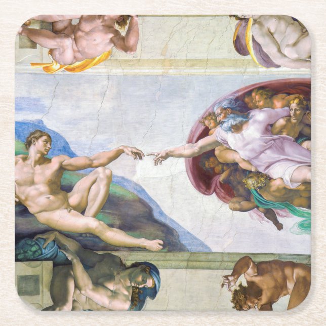 Michelangelo - Skapande av Adam, Sistine Chapel Underlägg Papper Kvadrat (Framsidan)