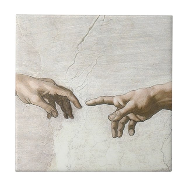 Michelangelo Skapelsen av Adam Händer Finkonst Kakelplatta (Framsidan)