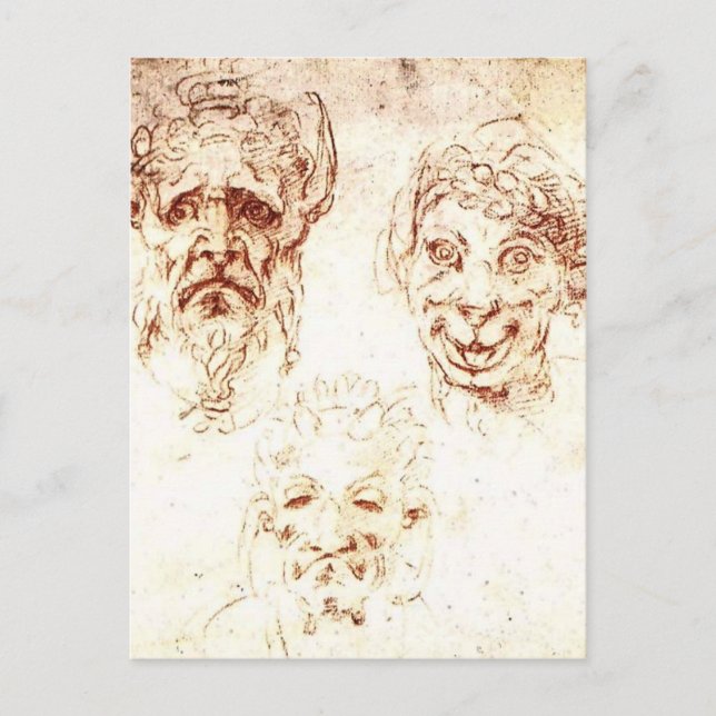 Michelangelo- Studies of Grotesques Vykort (Framsida)